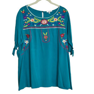 Jodifl Womens Peasant Blouse Size Medium Turquoise Embroidered Short Sleeve Boho